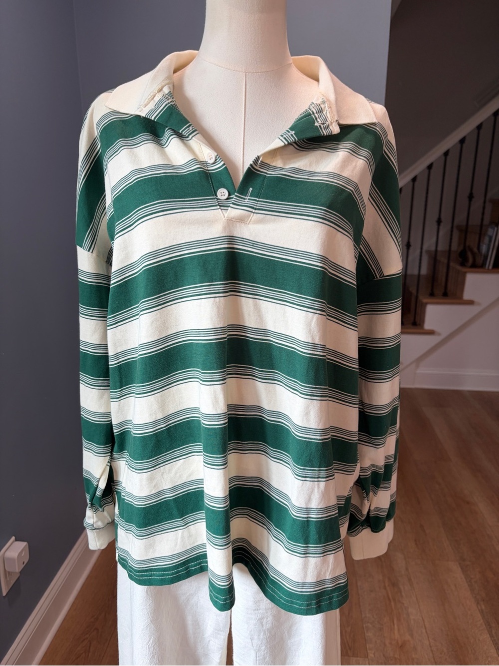 GILLI Green Cream Striped Rugby Polo Shirt Long Sleeve Oversized Medium